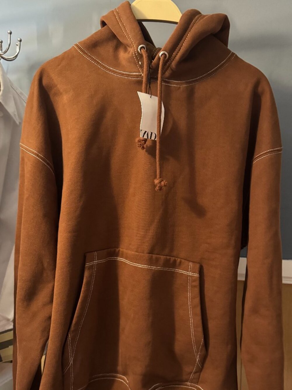 Zara Brown Contrast Stitch Hoodie Sweatshirt NWT Size L